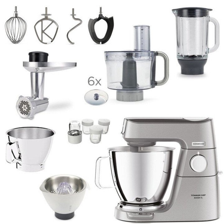Планетарний кухонний комбайн Kenwood Titanium Chef Baker XL (2 чаші) з вагами, кухонним подрібнювачем і овочерізкою (KVL85.704SI)
