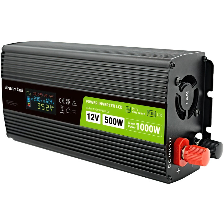 Інвертор Green Cell 12V/230V 500W/1000W (INVGC12P500LCD)